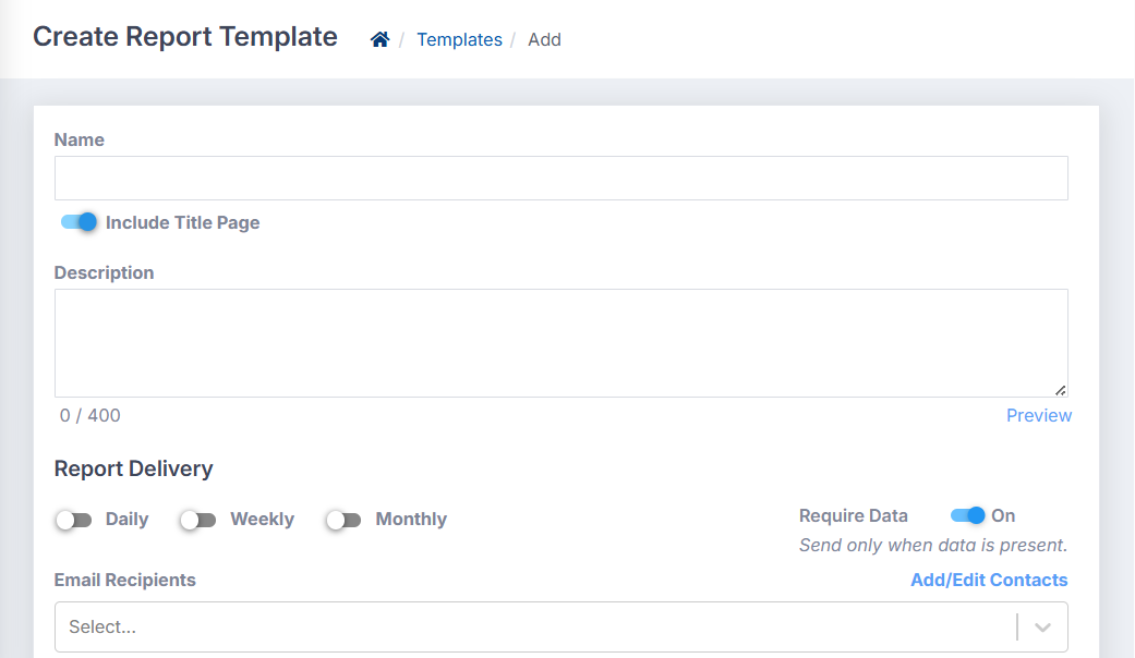 The Create Report Template page